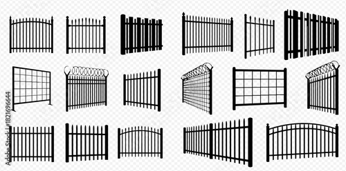 Collection of various black metal fences and barriers with different designs and perspectives.