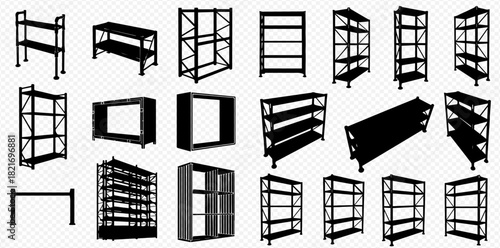 A collection of various black silhouette shelving units and storage racks in different perspectives.