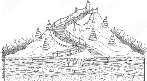 Festive winter wonderland mountain scene with stair climb