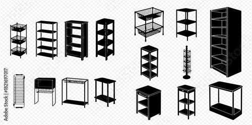 Assortment of black silhouette storage shelves, racks, and display units for various purposes.