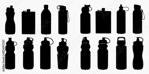 Collection of black silhouette water bottles and flasks, showcasing various designs for sports, hydration, and outdoor activities on a transparent background.