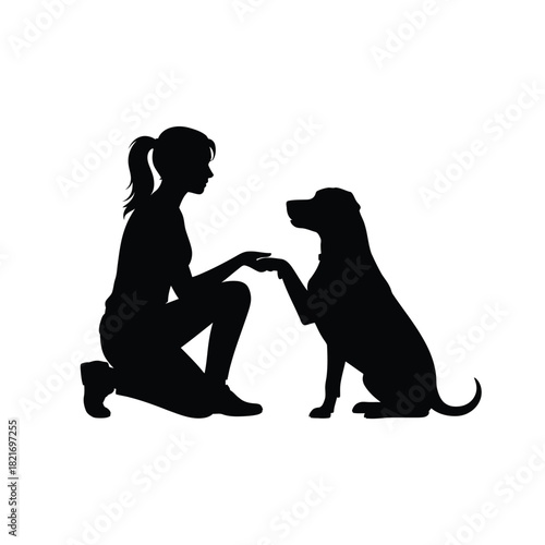 Woman and dog silhouette shaking hands on white background