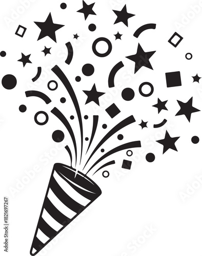 Black and white party popper with confetti explosion vector illustration