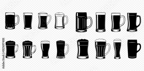 Collection of various beer glasses and mugs, some full of dark beer with foam, in silhouette style on a transparent background.