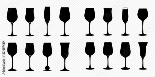 Collection of black silhouettes of various wine and champagne glasses on a transparent background.