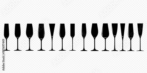 Collection of various elegant champagne glass silhouettes, including flutes and coupes, in black against a transparent background.