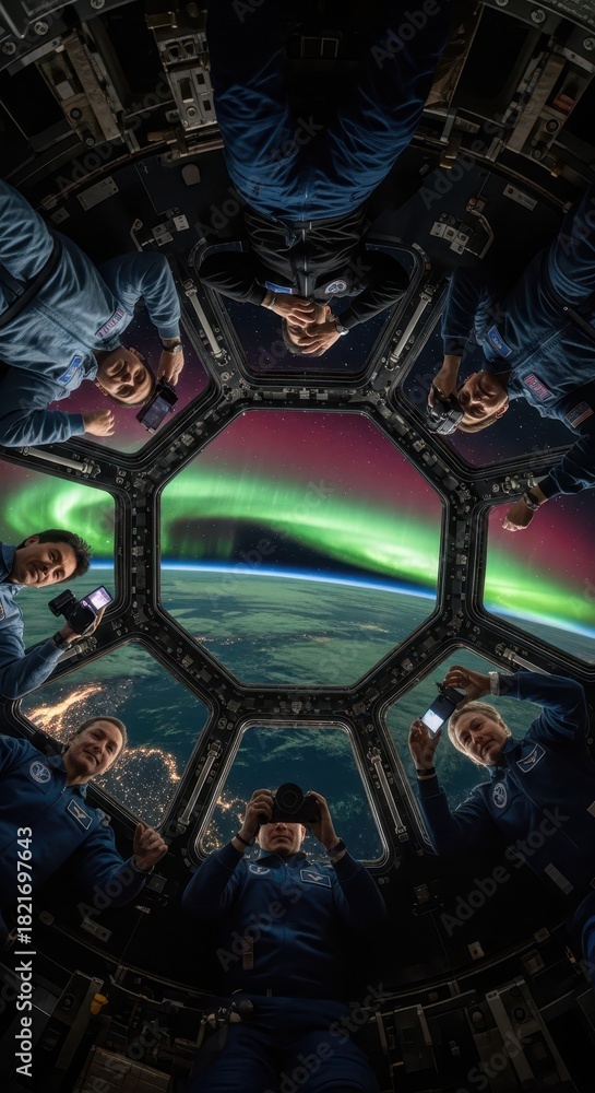 Fototapeta premium Astronaut crew members observe a vibrant aurora over the planet from an orbital habitat cupola