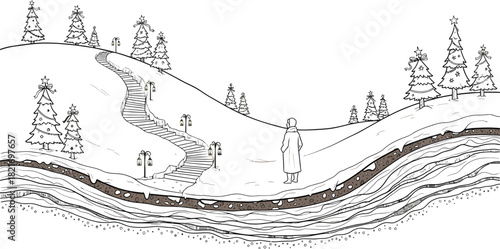 Elegant winter scene with snowy hills and decorated trees