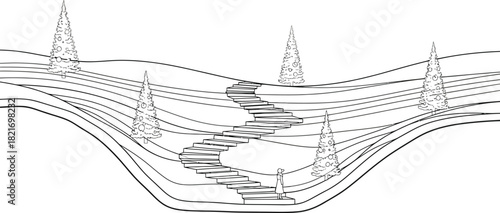 Elegant woman ascending stairs in surreal Christmas landscape