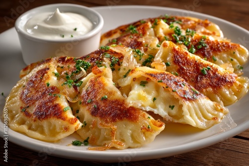 Plate of pierogi served with creamy mayonnaise, topped with chives. Warm wooden table background creates cozy atmosphere. Concept of filled dumplings potato cheese Polish cuisine.