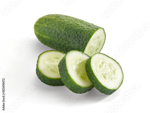 Cucumber and slices of cucumber isolated on white background.