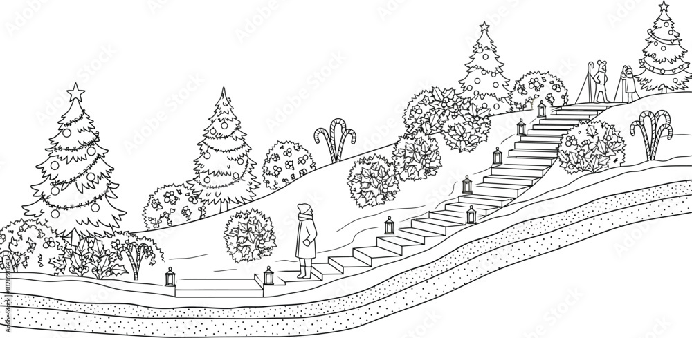 Naklejka premium Cozy winter scene with people and Christmas trees outlined