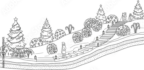 Cozy winter scene with people and Christmas trees outlined