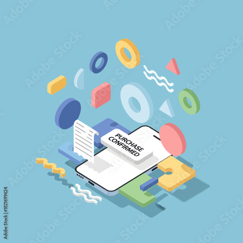 Smartphone purchase confirmation message displayed with abstract shapes and design.