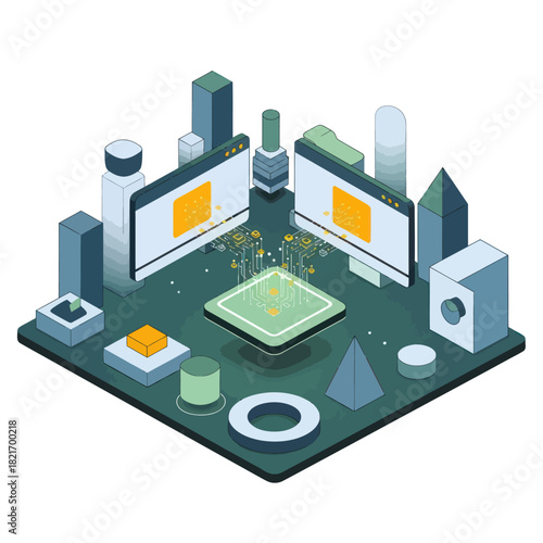 Isometric Technology Platform with Screens and Geometric Shapes.