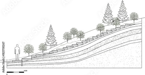 Landscaped hillside with stairs and trees in architectural plan