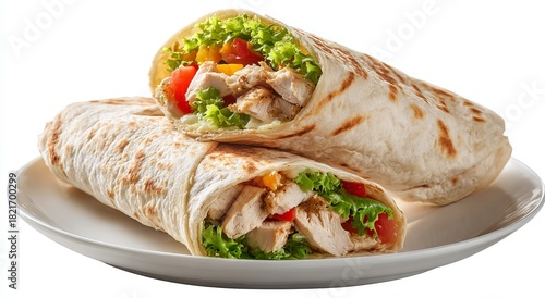 Two chicken shawarma wraps with fresh vegetables on a white plate