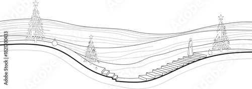 Dreamy Christmas scene with trees and woman on stairs