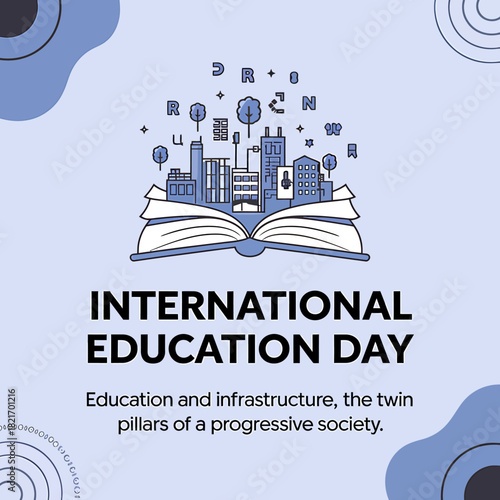 International education day illustration with a city skyline rising from an open book, symbolizing education and infrastructure as pillars of progress