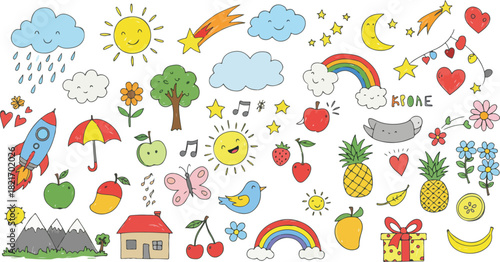 Cute hand drawn doodle collection of cheerful icons