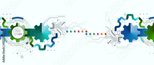 Stylized view of gears integrated with microcircuits. Concept of combining mechanics and electronics.
