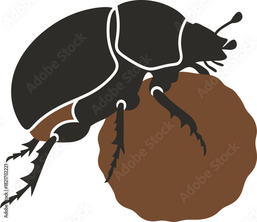 Cartoon beetle with textured dung ball illustration in a minimalist vector style