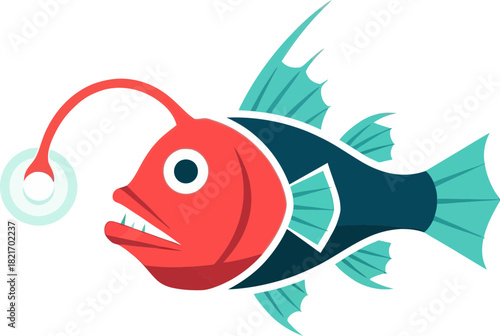 Cartoon Anglerfish with bioluminescent lure illustration on deep black background