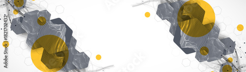 Abstract composition with wireframe hexagons, dots, and lines. Vector