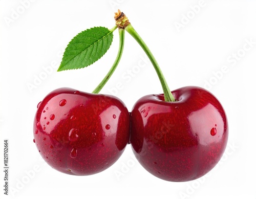 Two ripe cherries with stem and leaf, water droplets