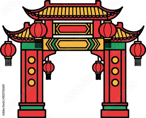 Traditional Chinese Archway Gate with Red Lanterns Illustration.