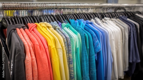 Wallpaper Mural A clothing rack displaying a variety of colorful and stylish jackets, sweaters, and t-shirts in a bright retail store. Torontodigital.ca