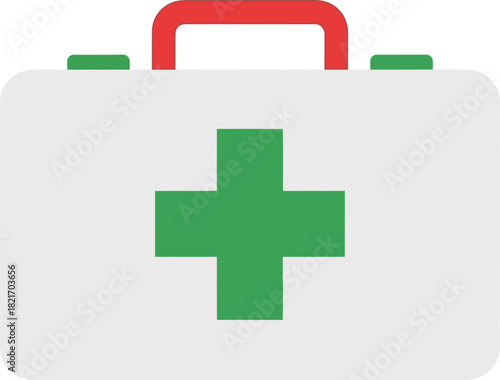 Simple first aid kit illustration in green, red, and white, representing healthcare, safety, and