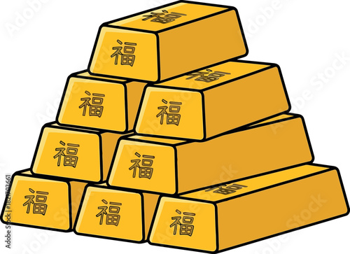 Golden bars stacked in a pyramid shape with Chinese characters.