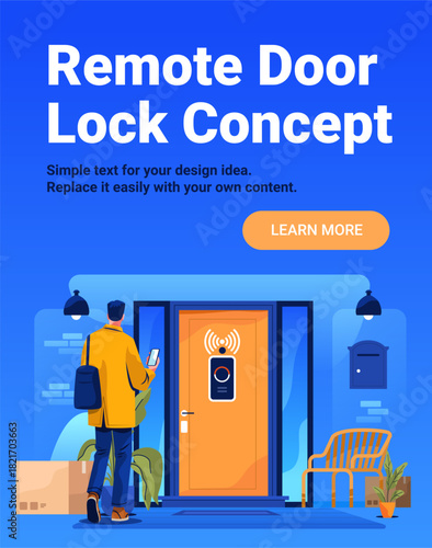 Remote door lock concept smart home technology man uses smartphone to unlock modern house entrance package delivery blue background web banner