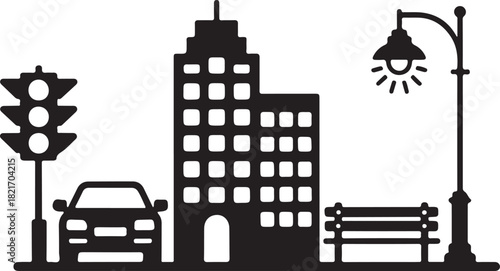 City Street Scene With Building Traffic Light Car Bench And Lamp Keywords: city street, urban