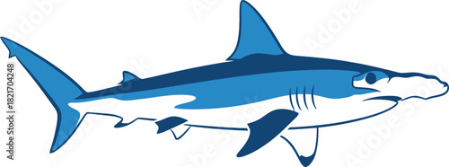 Stylized blue hammerhead shark illustration against a solid black backdrop showing its iconic