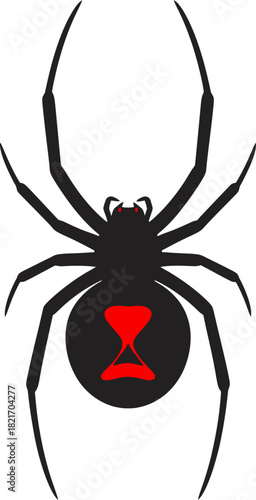Stylized black widow spider illustration with contrasting red hourglass marking on abdomen