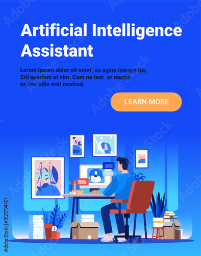 Artificial intelligence assistant virtual help desk workspace man interacting with chatbot at computer modern office blue background home decor