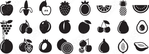 Collection of Black Fruit Icons in a Grid Layout Keywords: fruit, icon, apple, banana