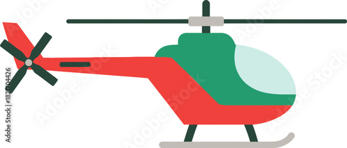 Stylized cartoon illustration of a vividly colored helicopter with simplistic design elements