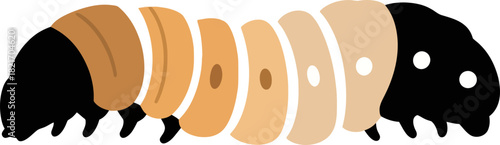 Stylized depiction of an abstract segmented form in varying shades of tan on a black backdrop