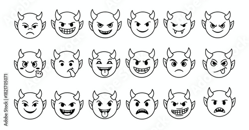 Collection of cartoon devil faces with various expressions in black and white
