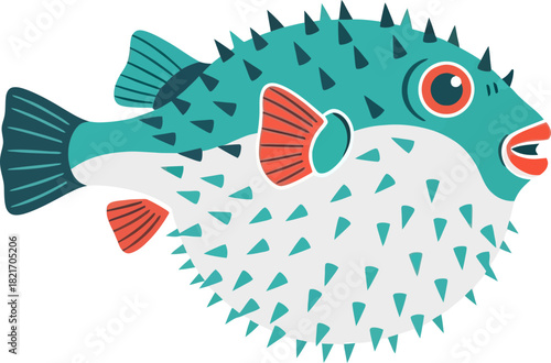 Stylized Pufferfish with Triangular Spikes and Bold Colors on a Black Background Illustration
