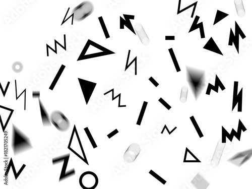 black and white numbers, black and white alphabet, Retro abstract design yellow pattern background with colorful triangles, circles, lines and zigzags. Memphis style with geometrical shapes