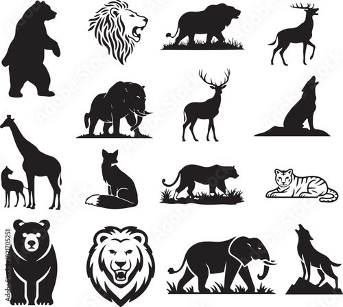 Diverse African And Asian Wildlife Silhouettes In Black And White animals lion