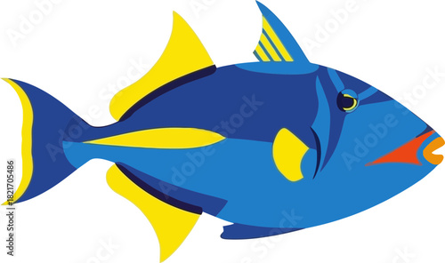 Stylized vector illustration of a blue triggerfish with vibrant yellow fins and vivid colors