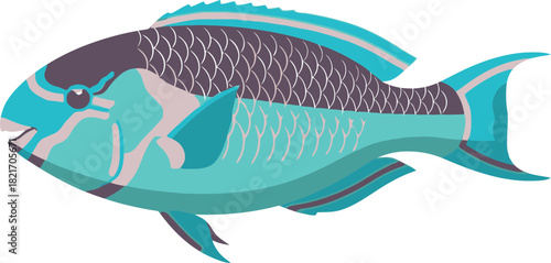 Stylized vector illustration showcasing a vibrant blue parrotfish against a dark backdrop