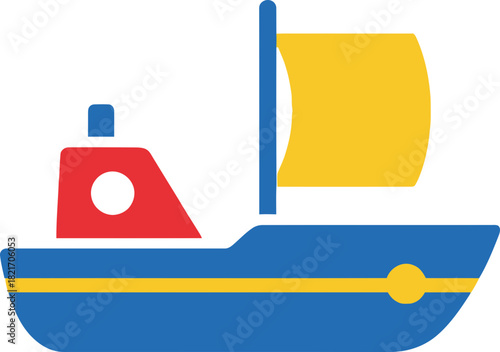 A cartoon style vector illustration of a colorful sailboat floating in a calm sea
