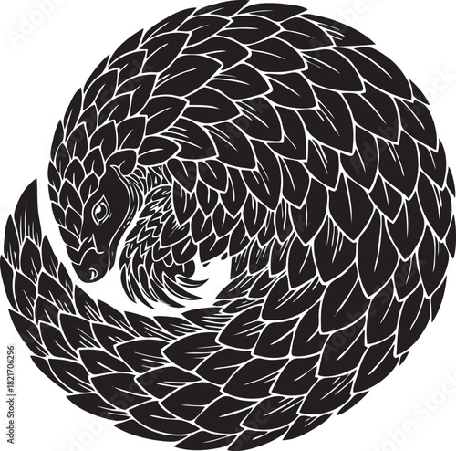 Black and White Pangolin Curled Up Illustration Graphic Design for Endangered Animal Awareness and Conservation Efforts Art