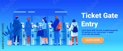 Ticket gate entry people using machines queue modern subway station blue background website banner